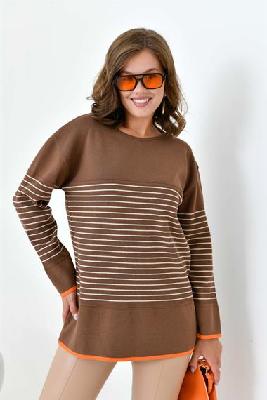 FTZ Women Kadın Çizgili Kazak  Kahve 20841