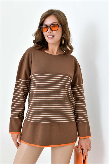 FTZ Women Kadın Çizgili Kazak  Kahve 20841