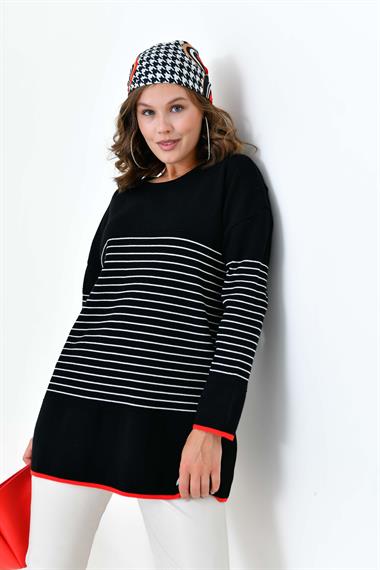 FTZ Women Kadın Çizgili Kazak  Siyah 20841