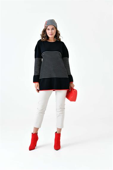 FTZ Women Kadın Çizgili Kazak  Siyah 20841