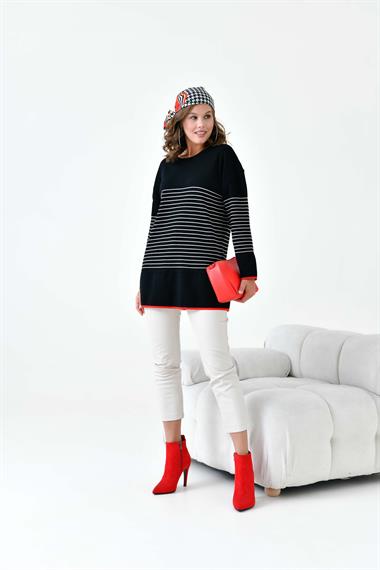 FTZ Women Kadın Çizgili Kazak  Siyah 20841