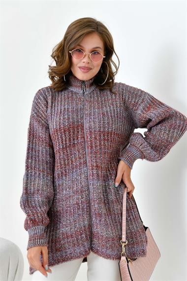 FTZ Women Kadın Degrade Fermuarlı Hırka  Kiremit 20871