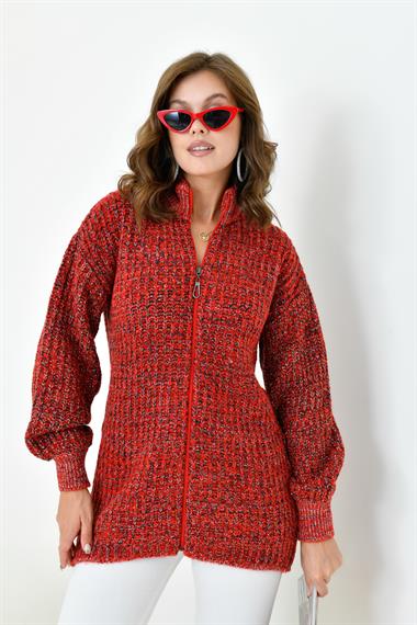 FTZ Women Kadın Degrade Fermuarlı Hırka  Kırmızı 20871