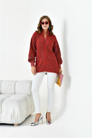 FTZ Women Kadın Degrade Fermuarlı Hırka  Kırmızı 20871