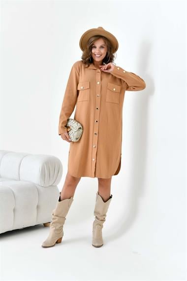 FTZ Women Kadın Düğme Detaylı Tunik  Bisküvi 20787