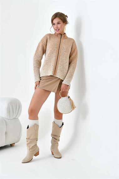 FTZ Women Kadın Fermuar Detaylı Hırka  Camel 20870