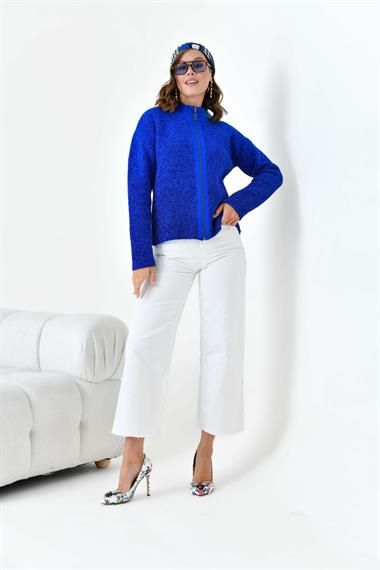 FTZ Women Kadın Fermuar Detaylı Hırka  Mavi 20870