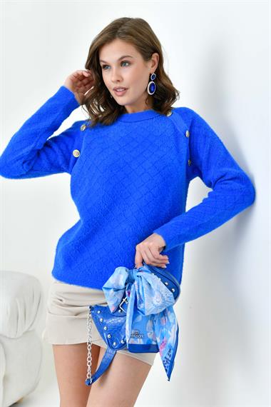 FTZ Women Kadın Gold Düğme Detaylı Bluz  Saks Mavi 20699