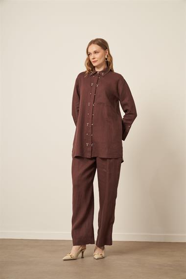 FTZ Women Kadın Ham Keten Takım  Kahve 31115