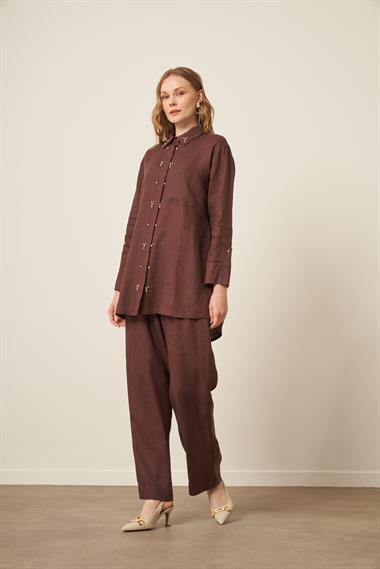 FTZ Women Kadın Ham Keten Takım  Kahve 31115