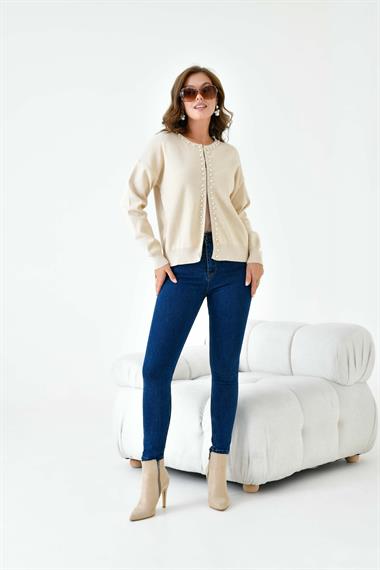 FTZ Women Kadın İnci Detaylı Hırka  Bej 20808
