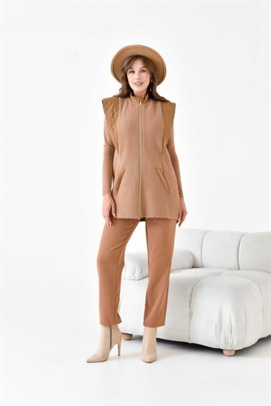 FTZ Women Kadın Kapitone Detaylı Angora Yelek  Bisküvi 20874