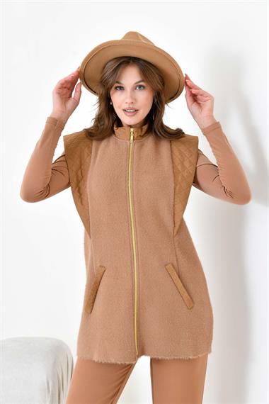 FTZ Women Kadın Kapitone Detaylı Angora Yelek  Bisküvi 20874