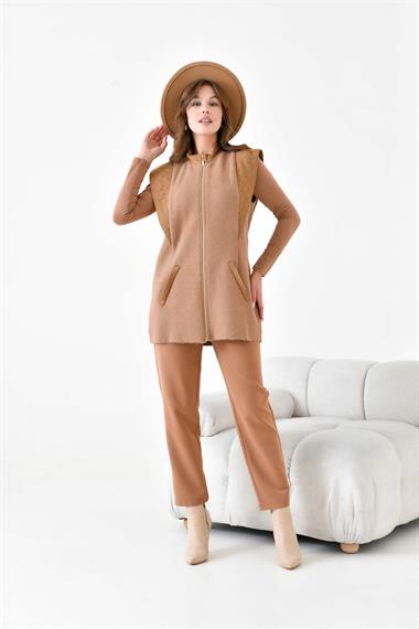 FTZ Women Kadın Kapitone Detaylı Angora Yelek  Bisküvi 20874