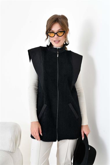 FTZ Women Kadın Kapitone Detaylı Angora Yelek  Siyah 20874
