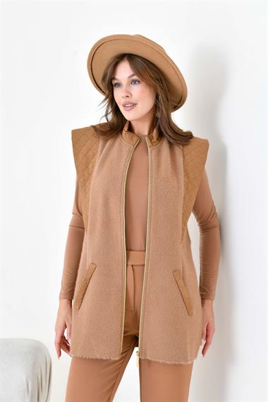 FTZ Women Kadın Kapitone Detaylı Angora Yelek  Bisküvi 20874