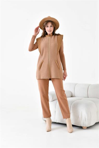 FTZ Women Kadın Kapitone Detaylı Angora Yelek  Bisküvi 20874