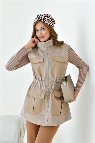 FTZ Women Kadın Kaşe Deri Yelek  Beige 30962