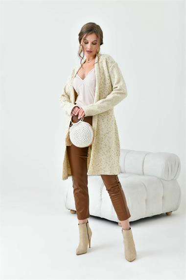 FTZ Women Kadın Kendinden Kemerli Uzun Hırka  Taş 20737