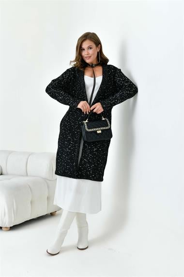 FTZ Women Kadın Kendinden Kemerli Uzun Hırka  Siyah 20737