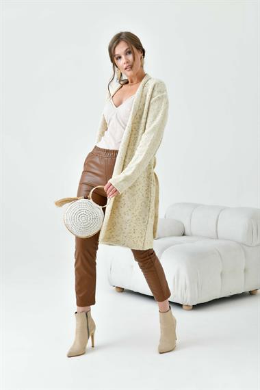 FTZ Women Kadın Kendinden Kemerli Uzun Hırka  Taş 20737