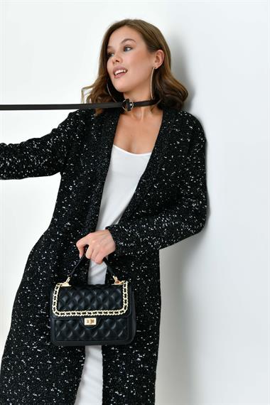 FTZ Women Kadın Kendinden Kemerli Uzun Hırka  Siyah 20737