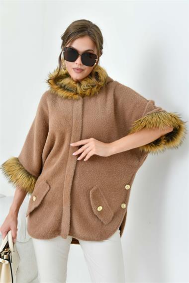 FTZ Women Kadın  Kürk Detaylı Panço  Bisküvi 20701