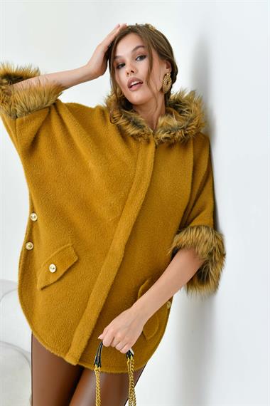 FTZ Women Kadın  Kürk Detaylı Panço  Hardal 20701