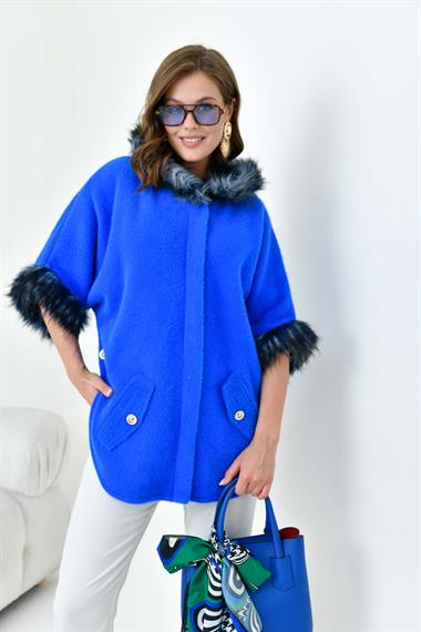 FTZ Women Kadın  Kürk Detaylı Panço  Saks Mavi 20701
