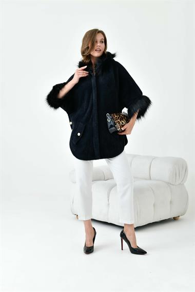 FTZ Women Kadın  Kürk Detaylı Panço  Siyah 20701