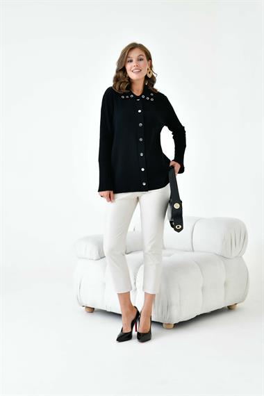 FTZ Women Kadın Kuş Gözü Detaylı Triko Gömlek  Siyah 20820