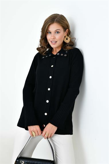 FTZ Women Kadın Kuş Gözü Detaylı Triko Gömlek  Siyah 20820