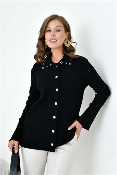 FTZ Women Kadın Kuş Gözü Detaylı Triko Gömlek  Siyah 20820