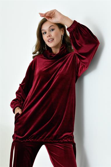 FTZ Women Kadın  Plise Kadife Takım  Bordo 30922