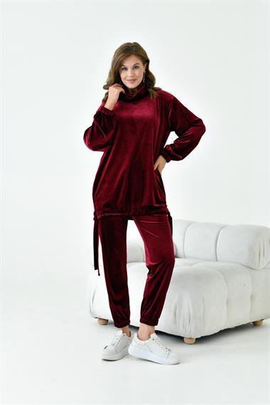 FTZ Women Kadın  Plise Kadife Takım  Bordo 30922