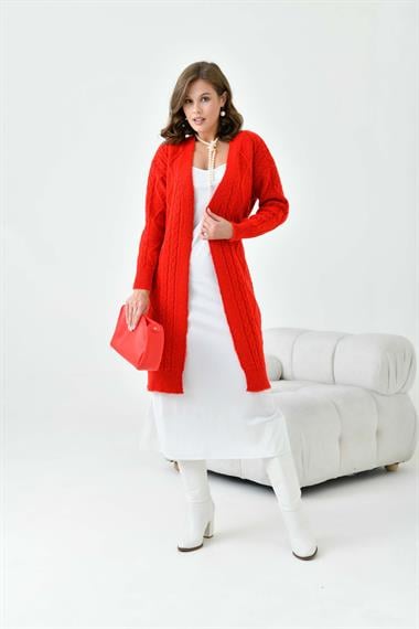 FTZ Women Kadın Saç Örgülü Hırka  Kırmızı 20728