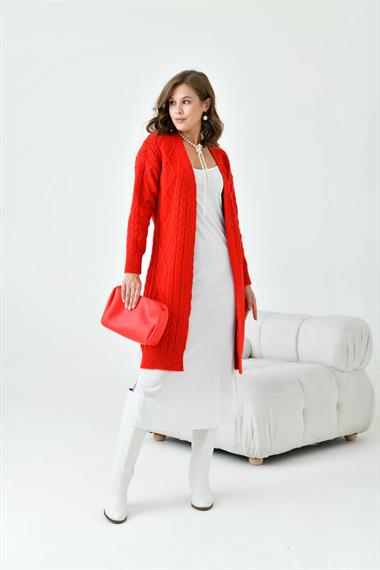 FTZ Women Kadın Saç Örgülü Hırka  Kırmızı 20728