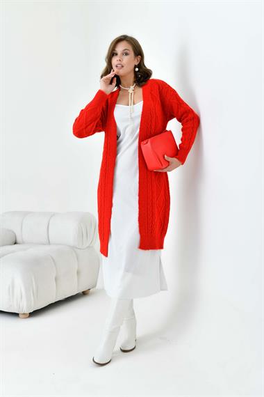 FTZ Women Kadın Saç Örgülü Hırka  Kırmızı 20728