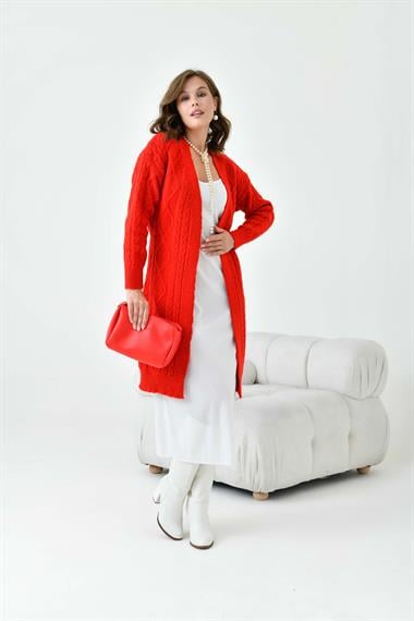 FTZ Women Kadın Saç Örgülü Hırka  Kırmızı 20728