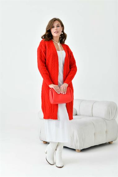 FTZ Women Kadın Saç Örgülü Hırka  Kırmızı 20728