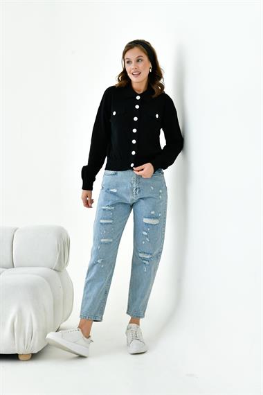 FTZ Women Kadın Süs Cep Detaylı Hırka  Siyah 20857