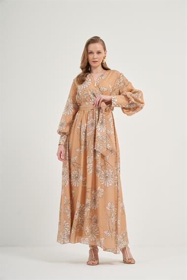 FTZ Women Kadın Tansel Desenli Elbise  Camel 31057