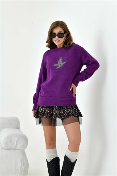 FTZ Women Kadın Taş Detaylı Kazak  Mor 20828