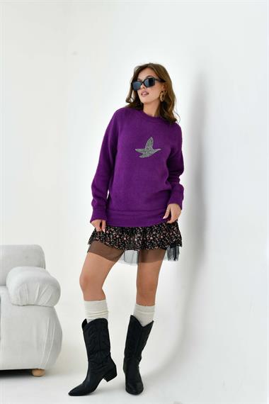 FTZ Women Kadın Taş Detaylı Kazak  Mor 20828