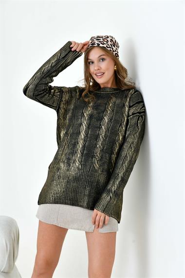 FTZ Women Kadın Varak Baskı Detaylı Kazak  Siyah 20924