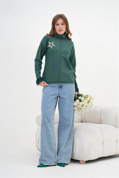 FTZ Women Kadın Yapıştırma Taş Detaylı Bluz  Su Yeşili 20842