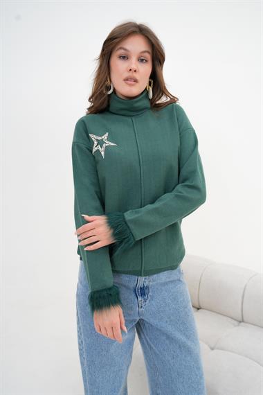 FTZ Women Kadın Yapıştırma Taş Detaylı Bluz  Su Yeşili 20842