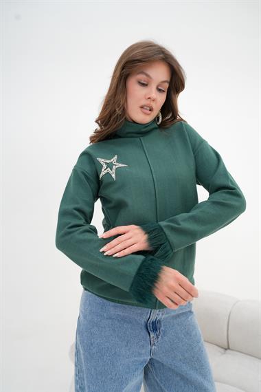 FTZ Women Kadın Yapıştırma Taş Detaylı Bluz  Su Yeşili 20842