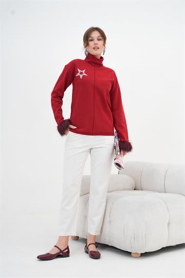 FTZ Women Kadın Yapıştırma Taş Detaylı Bluz  Bordo 20842