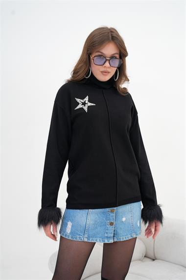 FTZ Women Kadın Yapıştırma Taş Detaylı Bluz  Siyah 20842